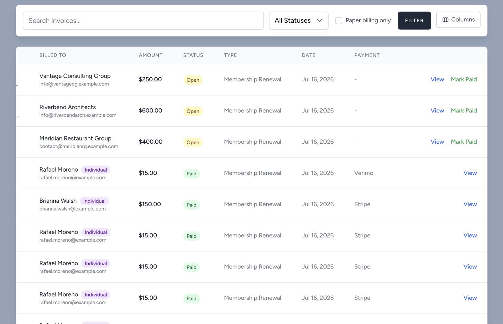 DeckCMS billing dashboard showing chamber membership renewals and Stripe payment invoices