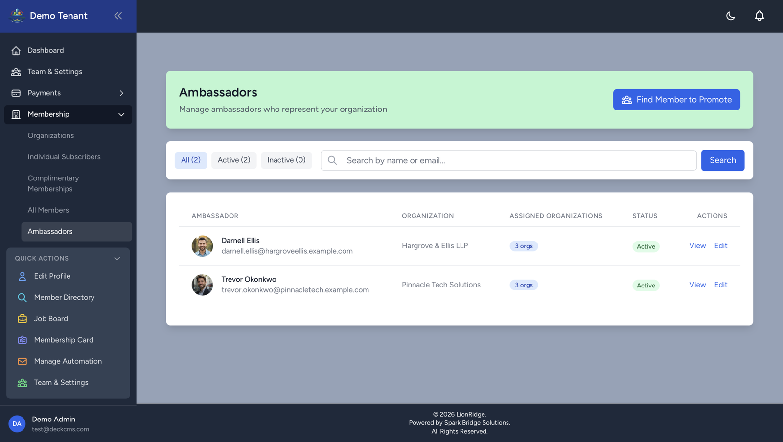 DeckCMS ambassador tracking dashboard showing chamber of commerce membership software managing ambassador status and assigned organizations