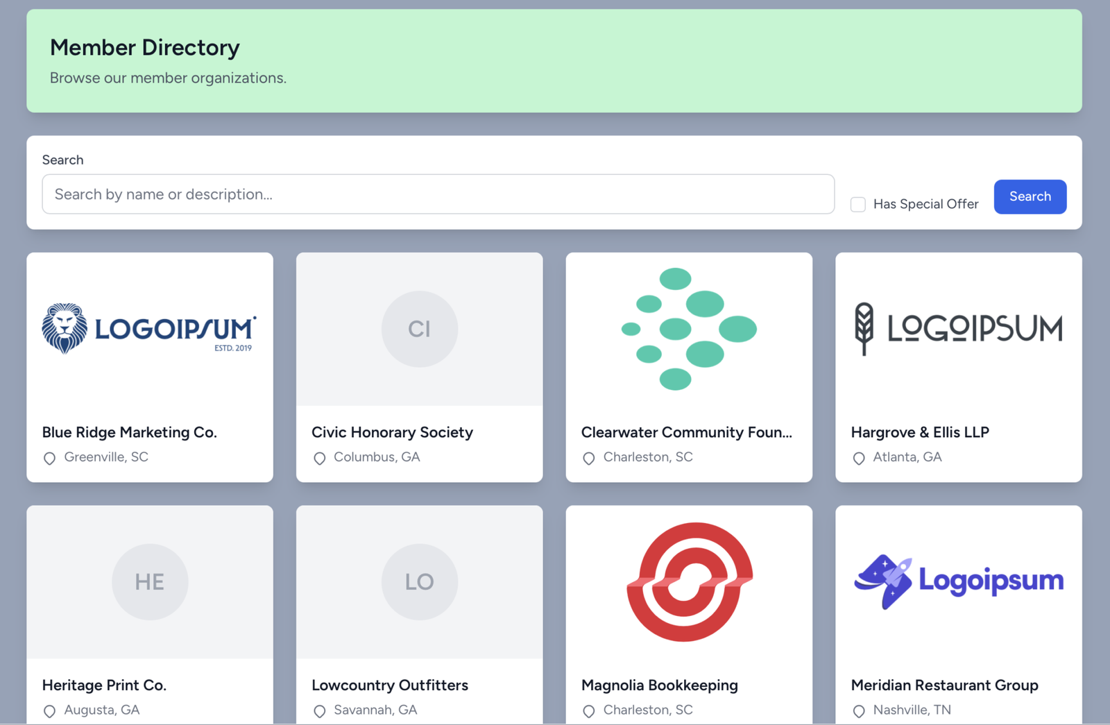 DeckCMS mobile app member directory showing chamber member organizations and search