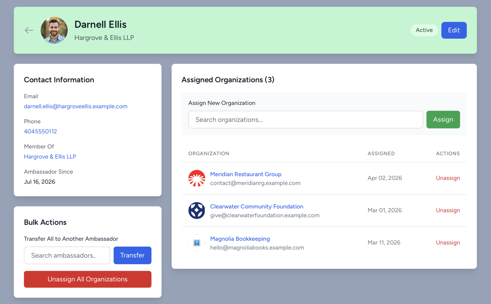 DeckCMS chamber management software showing ambassador contact details and assigned organizations
